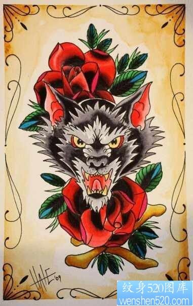 点击大图看下一张：一幅经典潮流的的欧美狼头纹身作品
