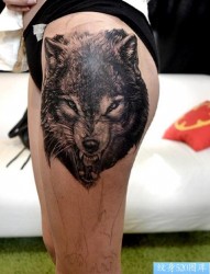 欣赏大腿上的一幅潮流狼头纹身图片