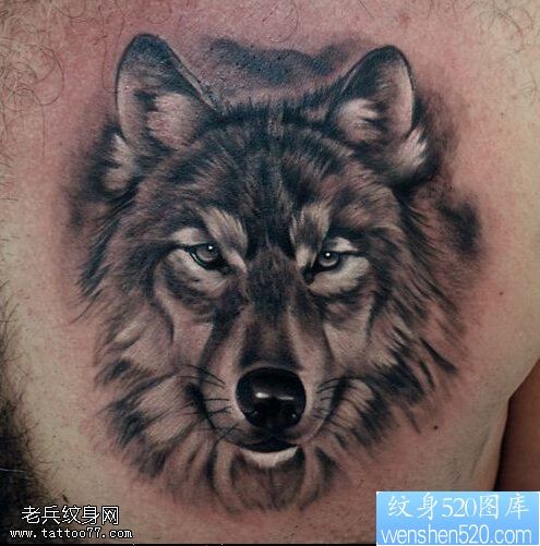 点击大图看下一张：一款胸口狼头纹身图案