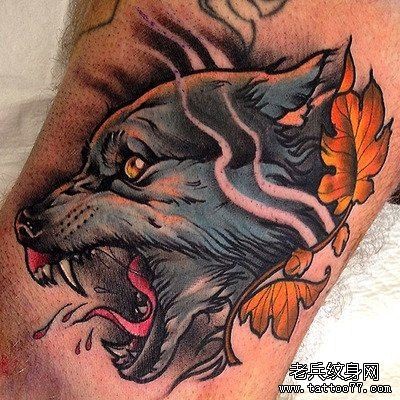 点击大图看下一张：最好的纹身馆推荐腿部彩色狼头纹身图案