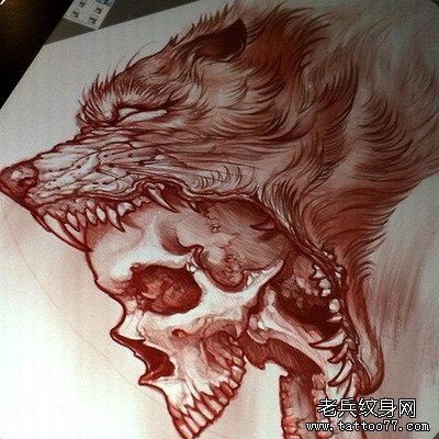 点击大图看下一张：狼头骷髅头纹身手稿图案