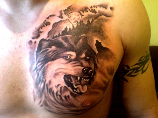 点击大图看下一张：胸部霸气有个性的狼头纹身图4