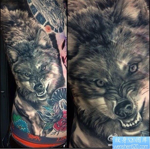 点击大图看下一张：满背欧美狼头纹身图案