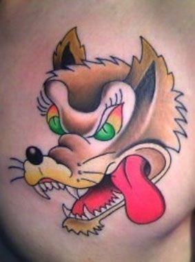 点击大图看下一张：彩色卡通狼头纹身图案
