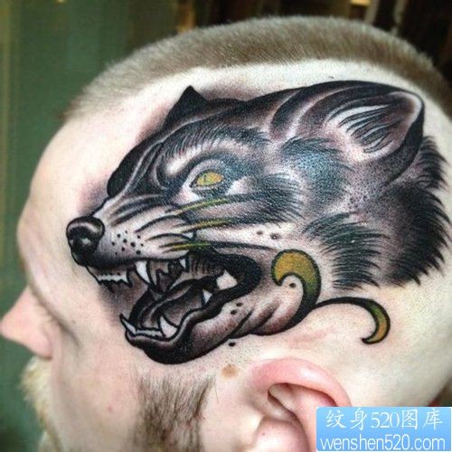 点击大图看下一张：男生头部帅气时尚的狼头纹身图片
