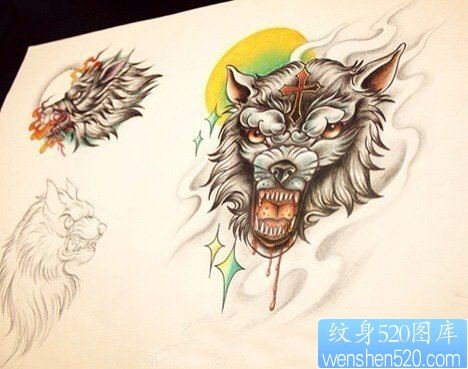 点击大图看下一张：纹身520图库推荐一幅狼头纹身手稿图片