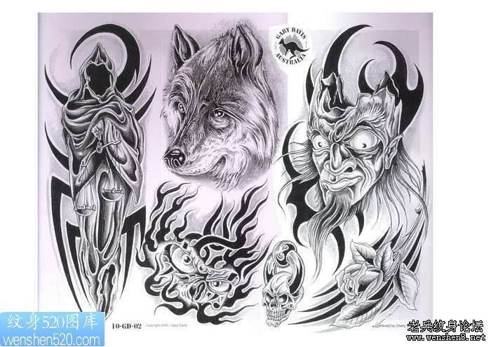点击大图看下一张：死神，狼头，骷髅纹身图片组合图