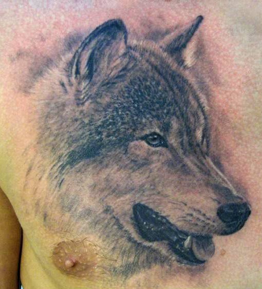 点击大图看下一张：霸气时尚的胸部狼头纹身