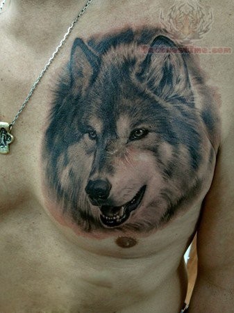 点击大图看下一张：霸气时尚的胸部狼头纹身图2