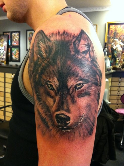 点击大图看下一张：大臂上时尚的狼头纹身图3