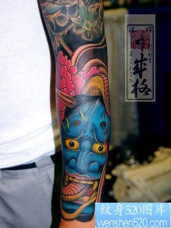点击大图看下一张：日本纹身图片：手臂彩色般若纹身图案