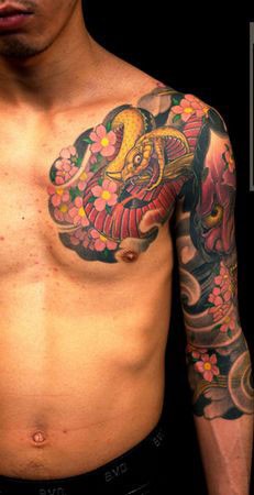 点击大图看下一张：男生手臂超酷经典的蛇与般若纹身图片图4