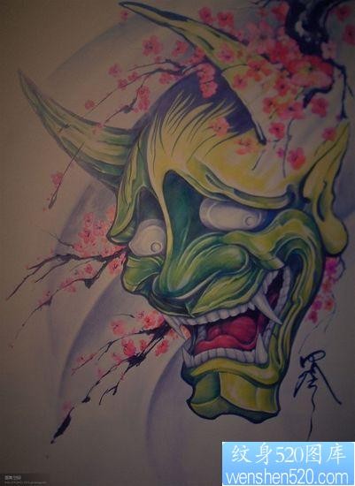 点击大图看下一张：般若纹身图片：彩色般若樱花纹身图案