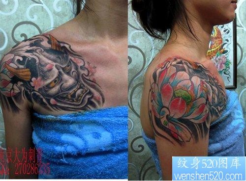点击大图看下一张：南京纹身图片展示：一幅美女的半甲般若与莲花纹身图片