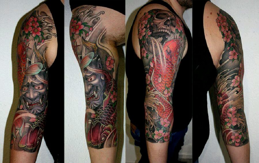 点击大图看下一张：希腊纹身师KOSTAG的鲤鱼般若花臂刺青