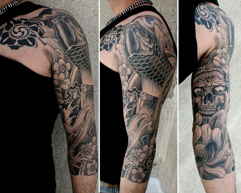 点击大图看下一张：希腊纹身师KOSTAG的鲤鱼般若花臂刺青图2