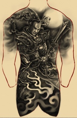 点击大图看下一张：二郎神纹身图片：满背二郎神杨戬纹身图案