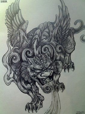 点击大图看下一张：炫酷的招财神兽貔貅纹身手稿