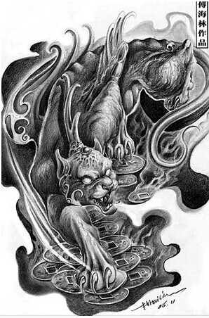 点击大图看下一张：炫酷的招财神兽貔貅纹身手稿图2