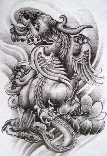 点击大图看下一张：炫酷的招财神兽貔貅纹身手稿图3