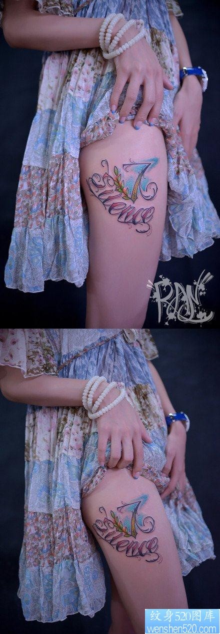 点击大图看下一张：女人腿部前卫唯美的彩色花体字母纹身图片