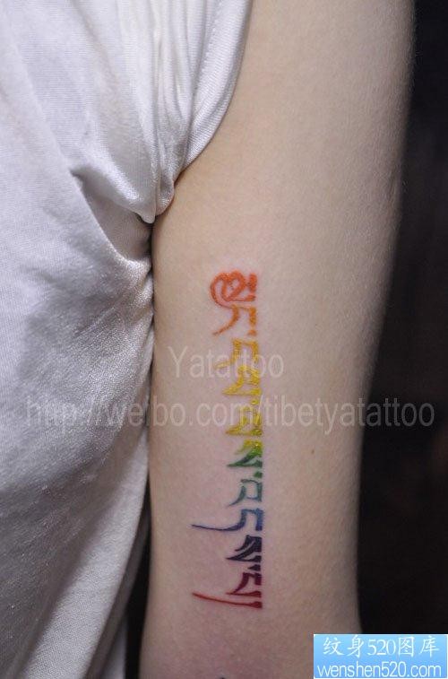 点击大图看下一张：手臂漂亮的彩色藏文纹身图片