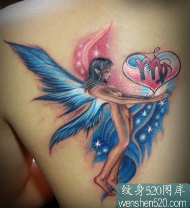 点击大图看下一张：后背彩色爱心天使纹身作品