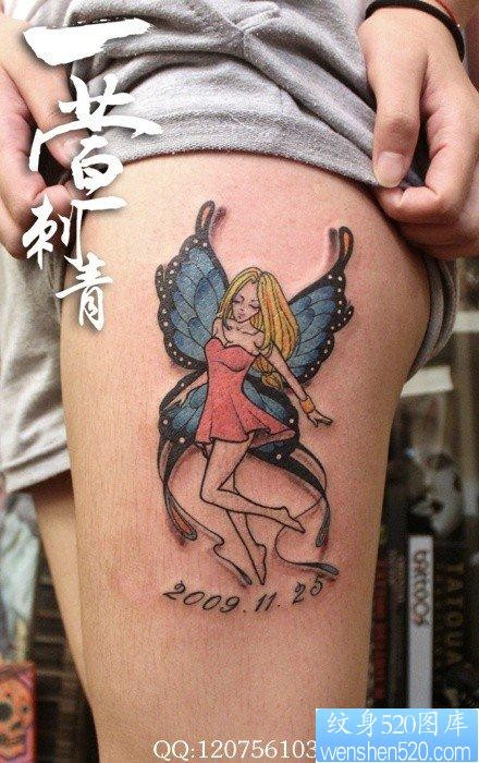 点击大图看下一张：女人腿部流行前卫的精灵纹身图片