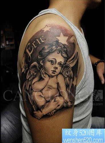 点击大图看下一张：手臂可爱流行的小天使纹身图片