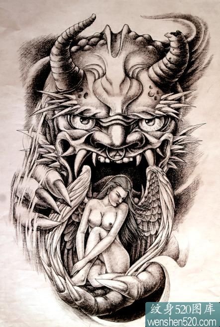 点击大图看下一张：全裸女天使和恶魔纹身手稿