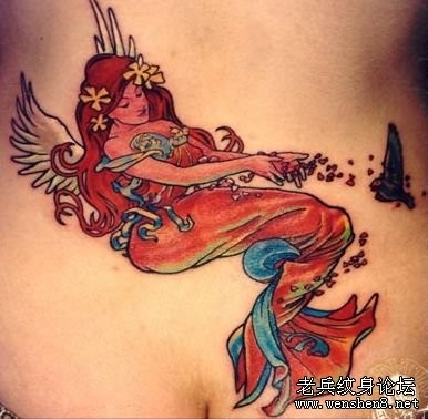点击大图看下一张：美女腹部蝴蝶天使纹身图片图案（经典）