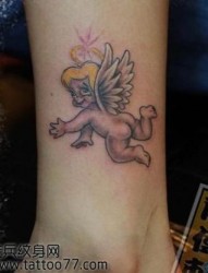 腿部可爱小天使丘比特纹身图片