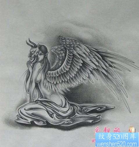 点击大图看下一张：天使纹身图片:黑灰天使纹身图片图案