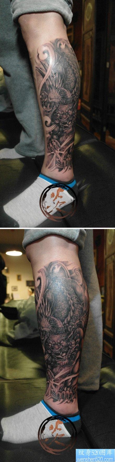 点击大图看下一张：男生腿部流行很酷的貔貅纹身图片