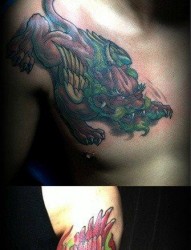 男性手臂漂亮的彩色貔貅纹身图片