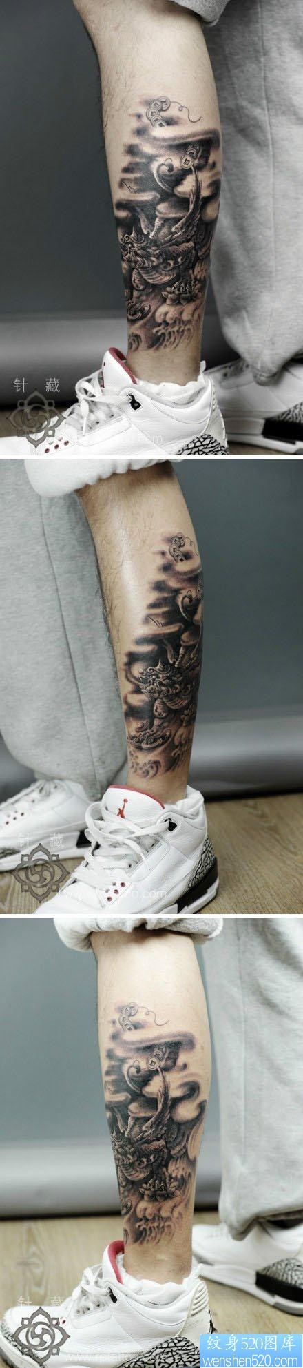 点击大图看下一张：男生腿部招财神兽貔貅纹身图片