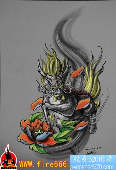 点击大图看下一张：传统莲花麒麟纹身图片