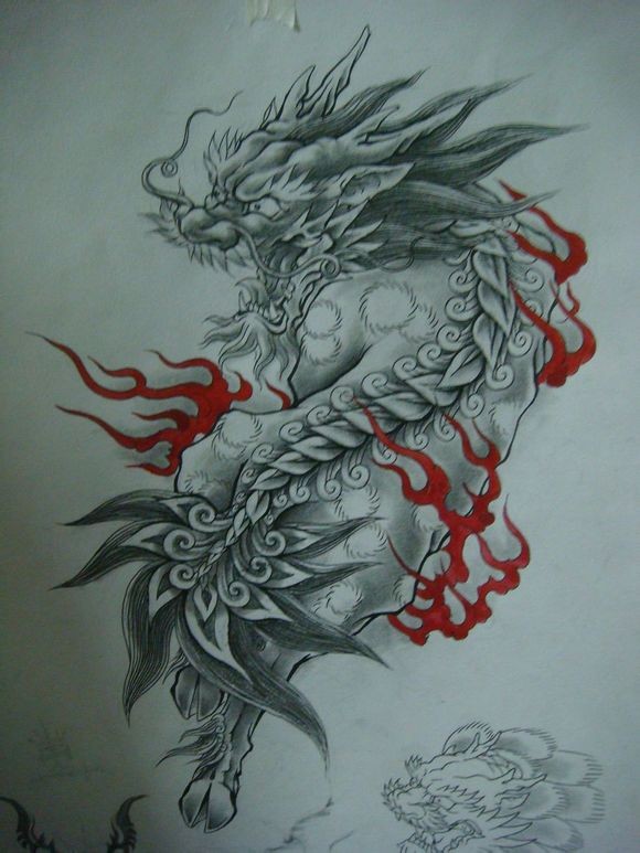 点击大图看下一张：霸气的火麒麟纹身手稿图2