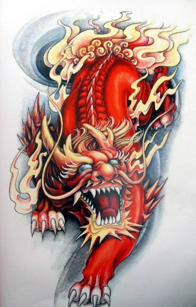 点击大图看下一张：霸气的火麒麟纹身手稿图4