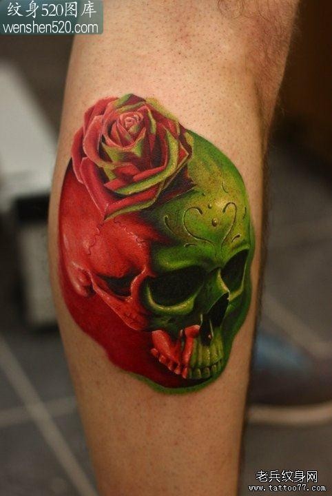 点击大图看下一张：欧美3D彩色骷髅玫瑰花纹身图案