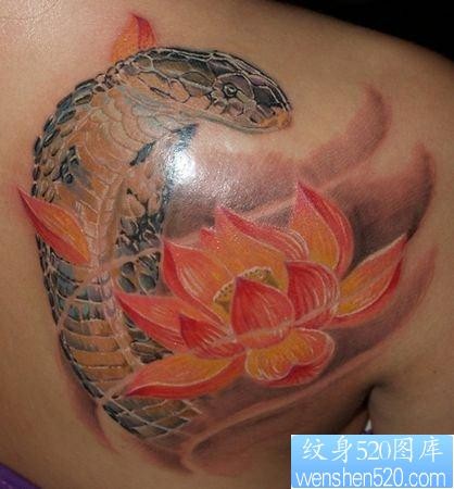 点击大图看下一张：肩部3D彩色蛇莲花纹身图片图案