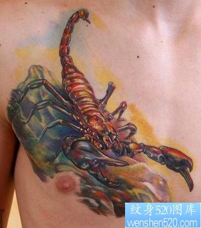 点击大图看下一张：蝎子纹身图片：胸部3D彩色蝎子纹身图案