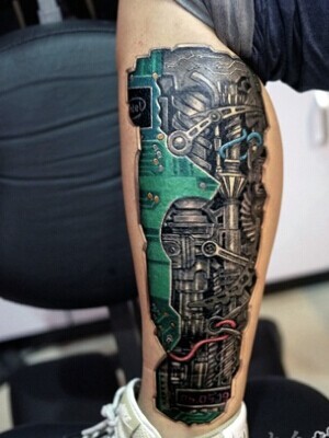 点击大图看下一张：男人小腿炫酷的3d机械纹身图3