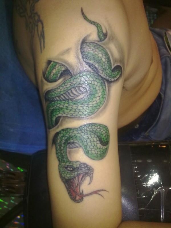 点击大图看下一张：青蛇图案手臂刺青