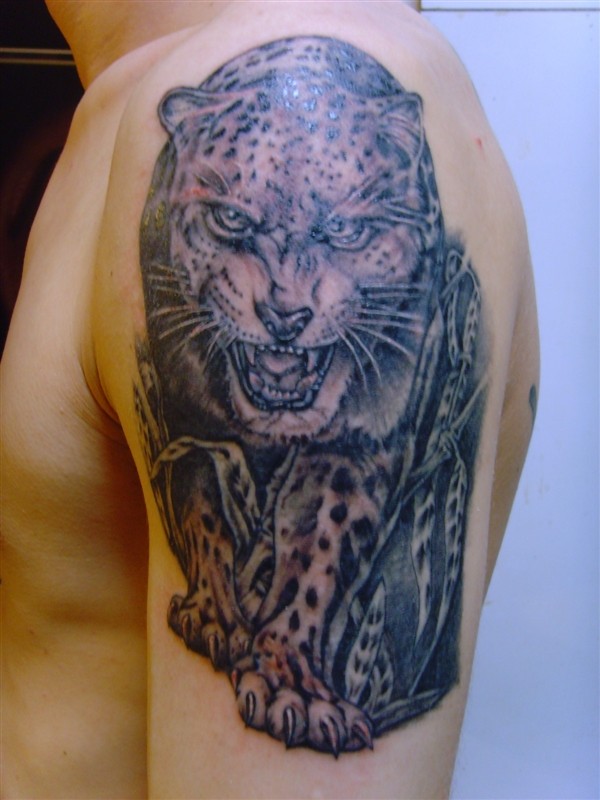 点击大图看下一张：凶猛的花豹上臂纹身图案