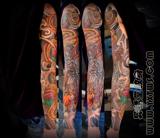 点击大图看下一张：一组霸气的彩色花臂纹身图案图2
