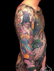 男士上身满身彩色寿星纹身花臂图案