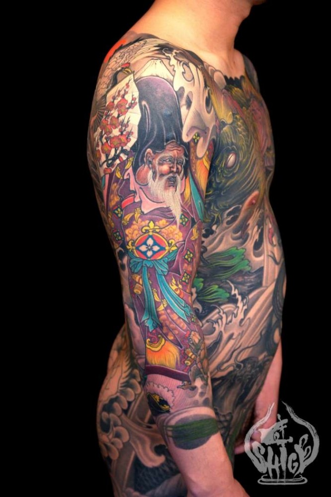 点击大图看下一张：男士上身满身彩色寿星纹身花臂图案