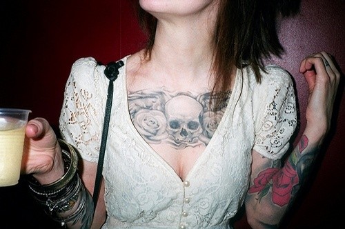 点击大图看下一张：女性胸前骷髅图腾欧美刺青