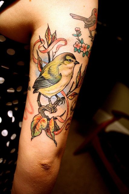 点击大图看下一张：手臂上漂亮好看的小鸟纹身